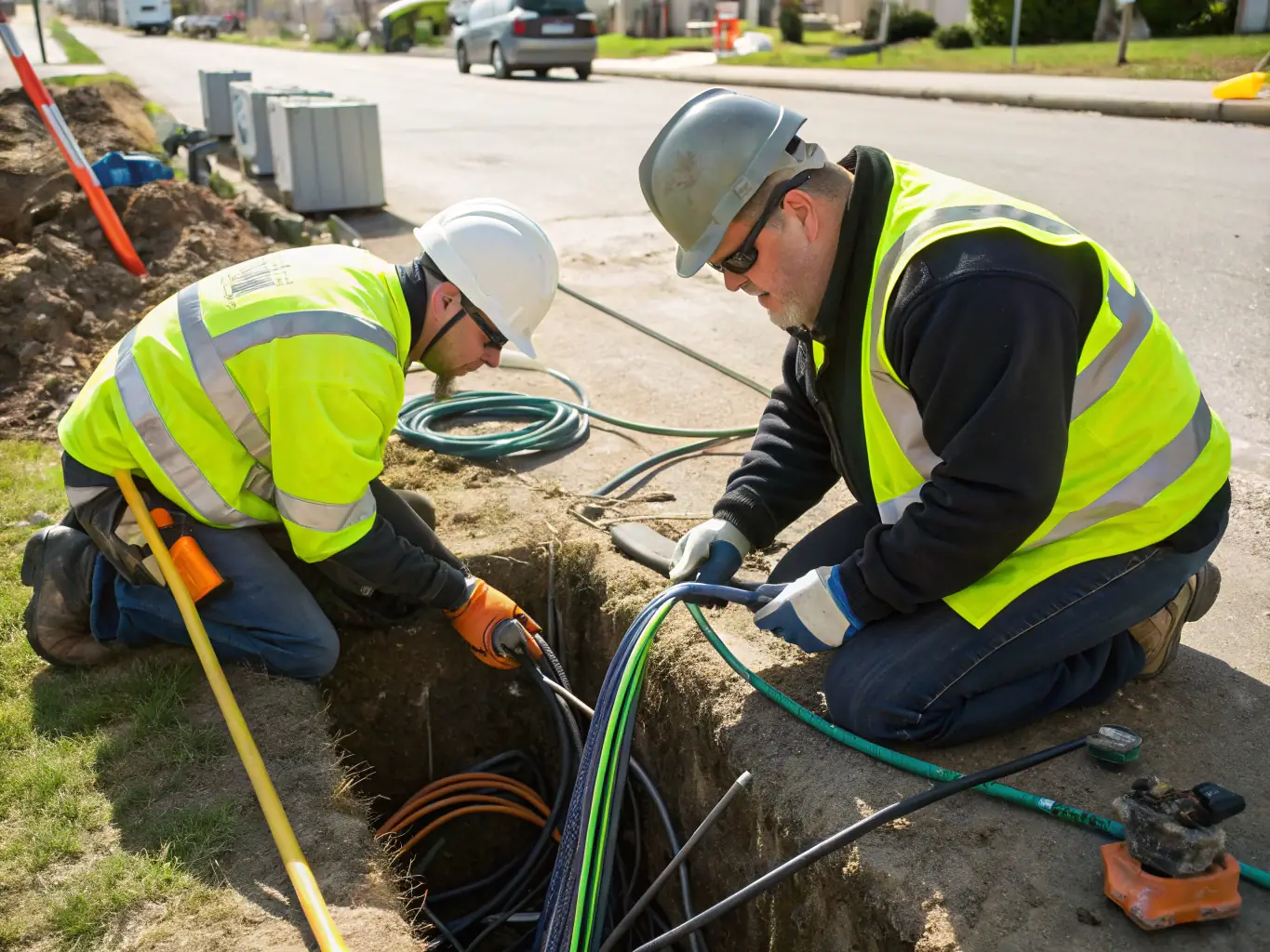 Technicians installing fiber optic cables in an urban or rural setting, demonstrating precision and professionalism.