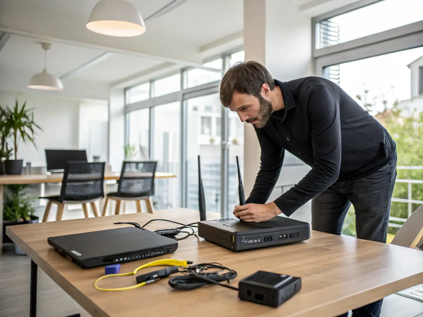 An image of a modern home or office setup with a fiber optic router and multiple connected devices showcasing fast internet speeds.